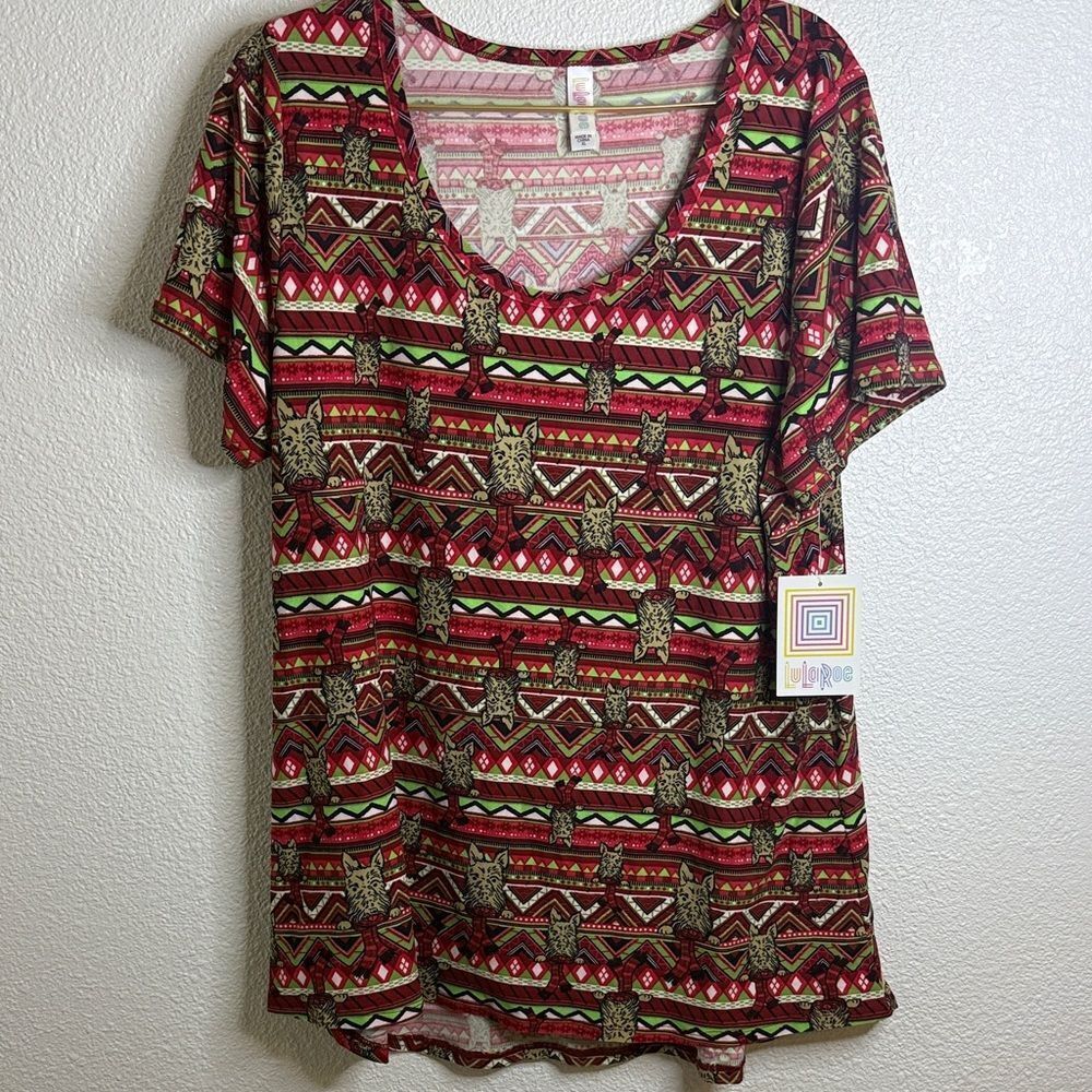 LuLaRoe- Christmas Dog print- Red and Green- Short Sleeve Classic Top- Size XL